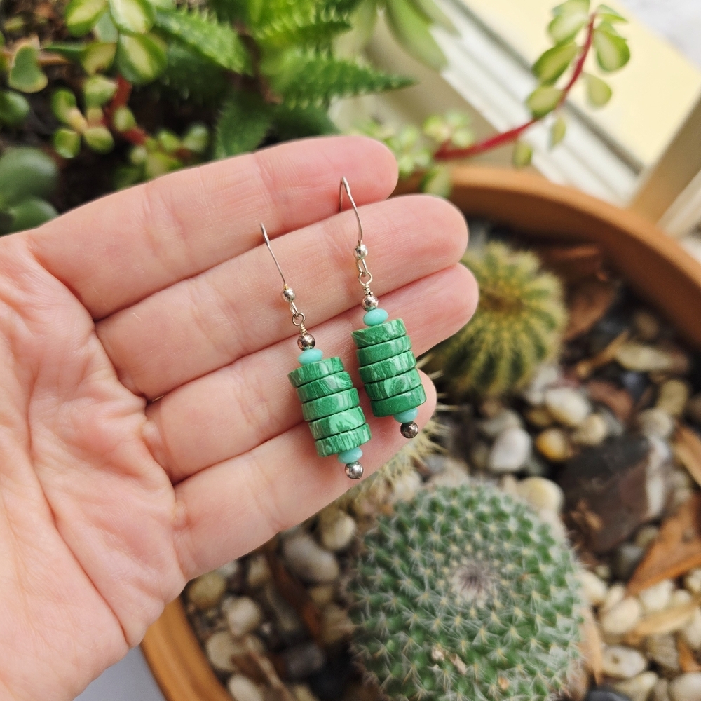 Vintage 925 Sterling Silver Malachite Dangle Drop Green Stone Hook Earrings